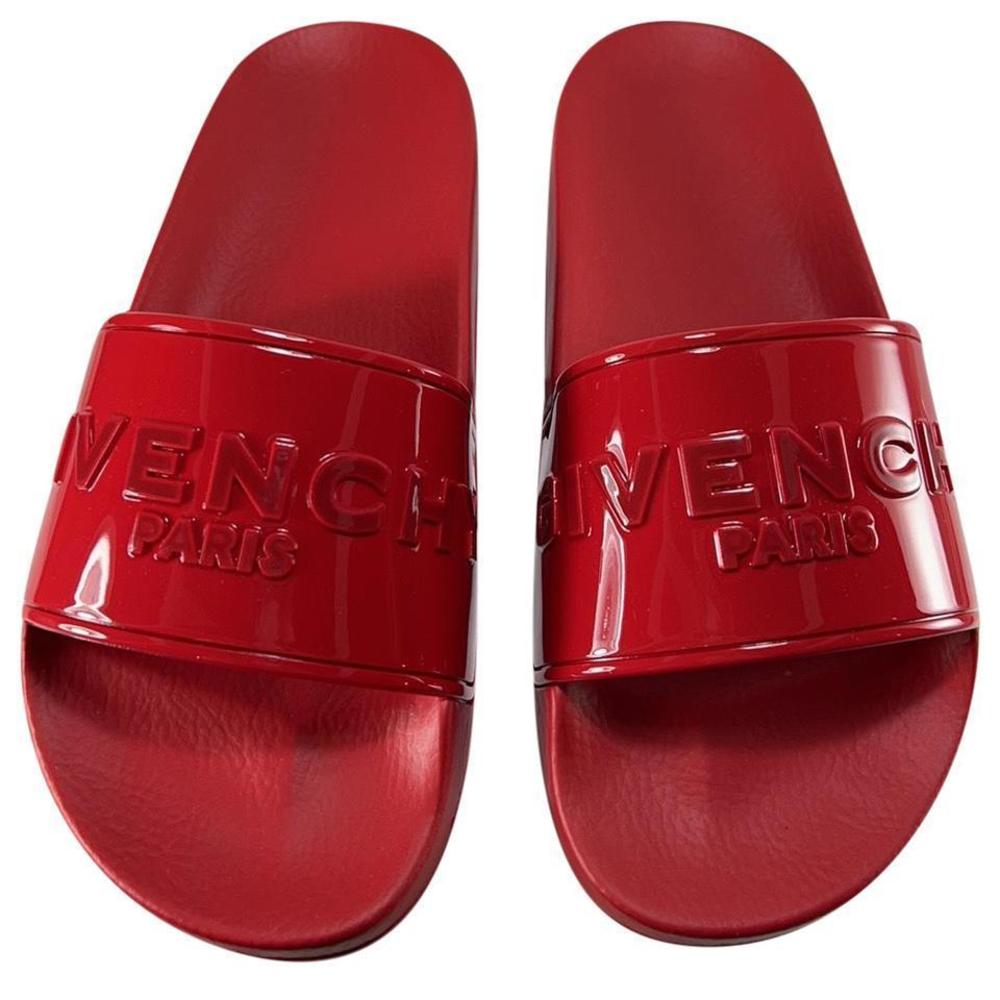 Givenchy womens Red Rubber Logo Classic Pool Slides Sandals Flip Flops E384